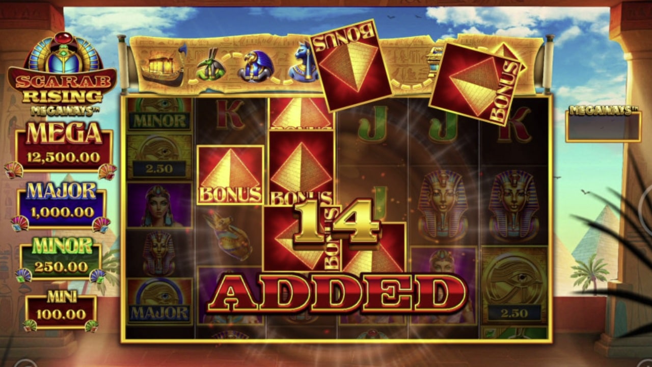 Scarab Rising Megaways slot game screenshot showing Egyptian-themed reels with bonus symbols, jackpot meters, and Megaways mechanics - Blueprint Gaming