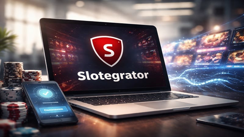 Slotegrator Platform Rebrand Features AI Payment Processing and Expanded Game Library Laptop showing Slotegrator rebranded interface with casino game screens and smartphone displaying AI-powered payment system alongside casino chips