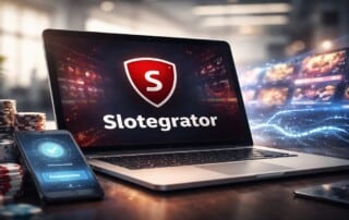 Slotegrator casino platform displaying new brand identity with red shield logo on laptop screen, smartphone payment interface, and casino gaming elements