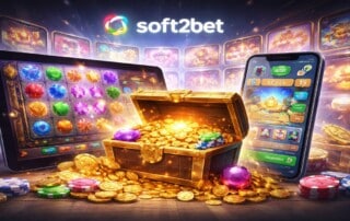 Soft2Bet platform update showcased at ICE Barcelona 2026 highlighting expanded game selection and MEGA gamification system