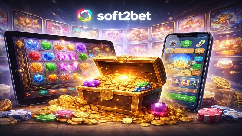 Soft2Bet platform update showcased at ICE Barcelona 2026 highlighting expanded game selection and MEGA gamification system 