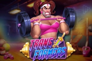 Transformers slot game splash screen featuring muscular character with barbell by Wicked Games