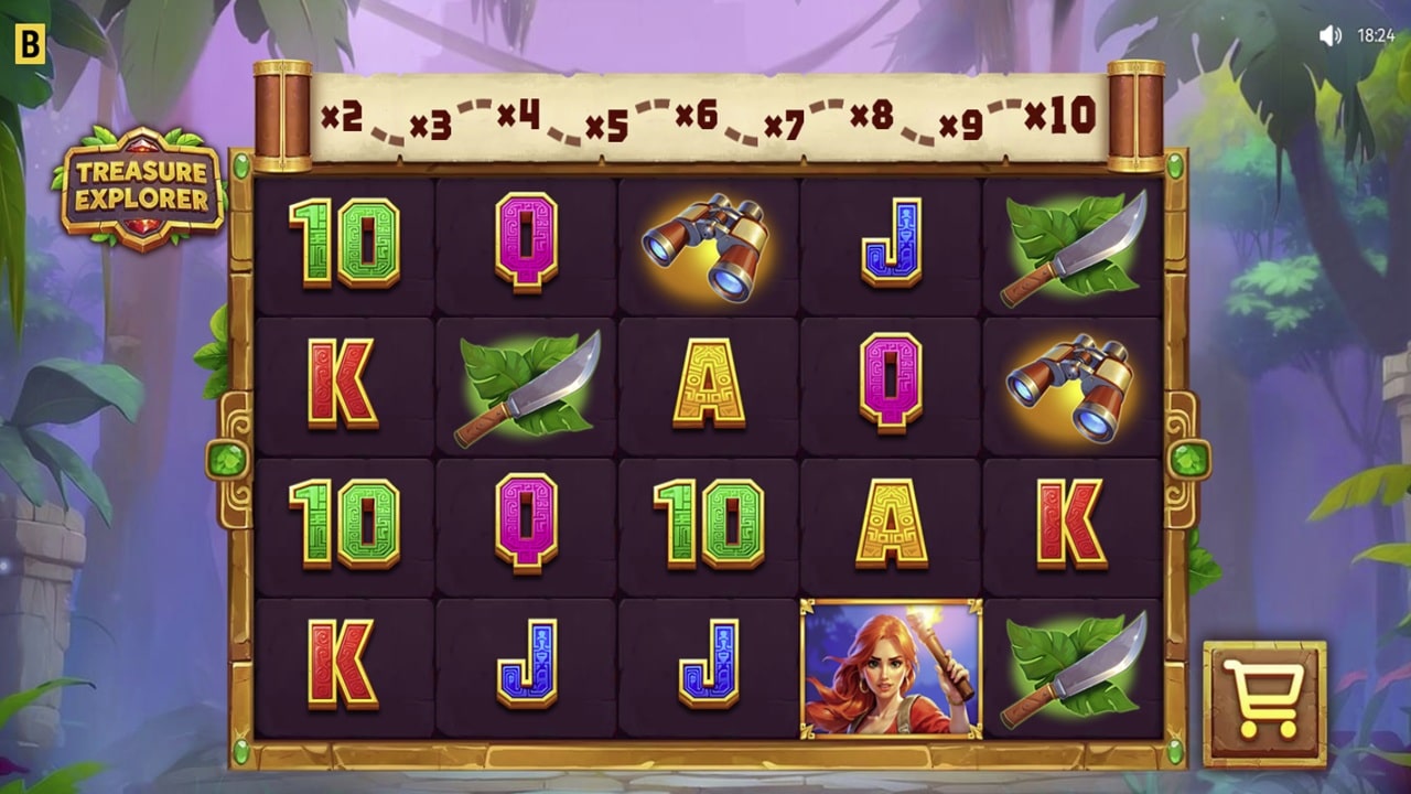 Treasure Explorer slot game screenshot showing jungle adventure theme with progressive multipliers, explorer character and thematic symbols - BGaming