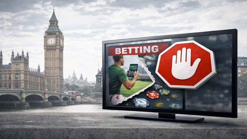 Television screen displaying betting advertisement with stop sign overlay, Big Ben and Thames River in background representing UK gambling advertising restrictions
