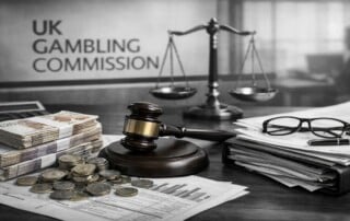UK Gambling Commission office desk with gavel, scales of justice, British pound notes and coins representing rising legal costs and regulatory expenses