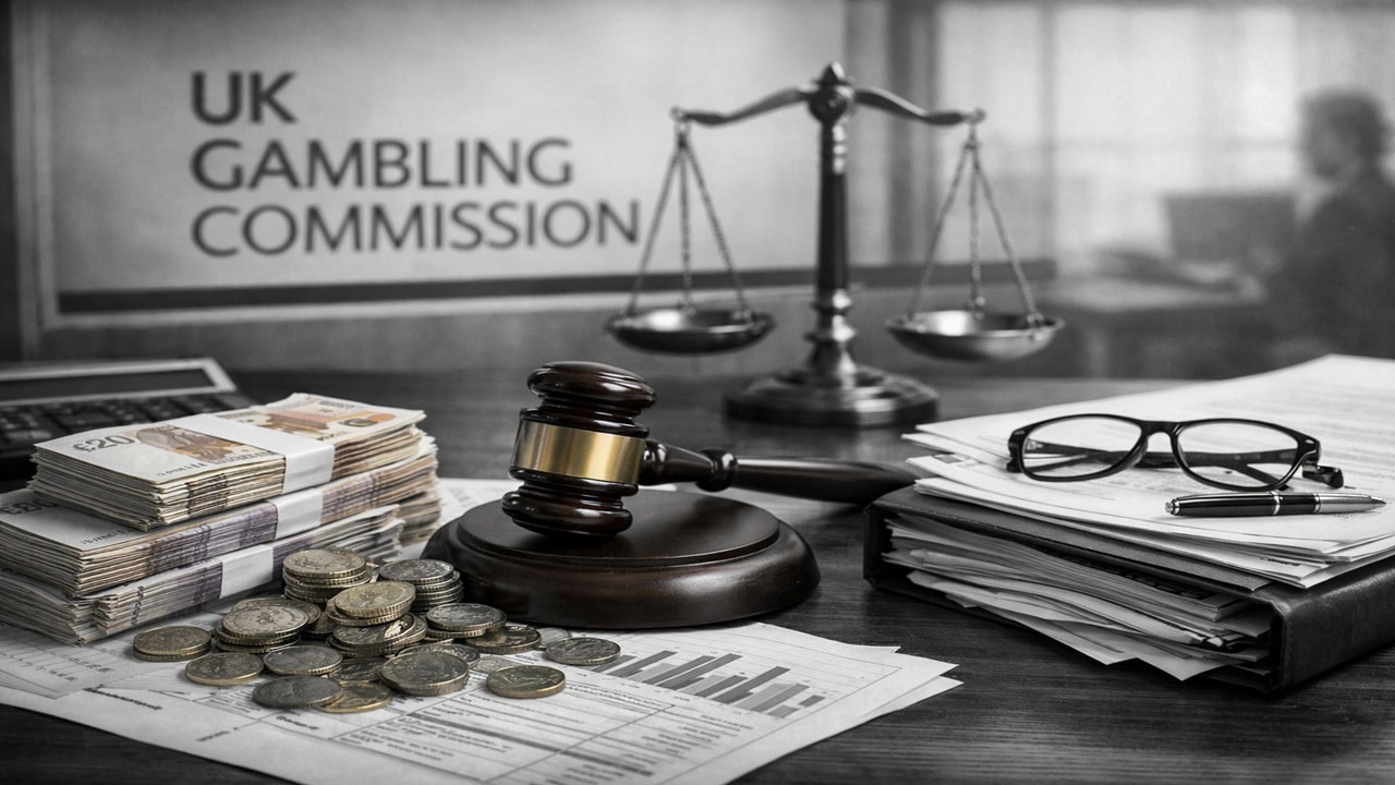 UK Gambling Commission office desk with gavel, scales of justice, British pound notes and coins representing rising legal costs and regulatory expenses