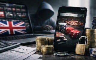 Smartphone showing online casino game with coins, padlock and UK flag illustrating gambling tax and black market regulation concerns