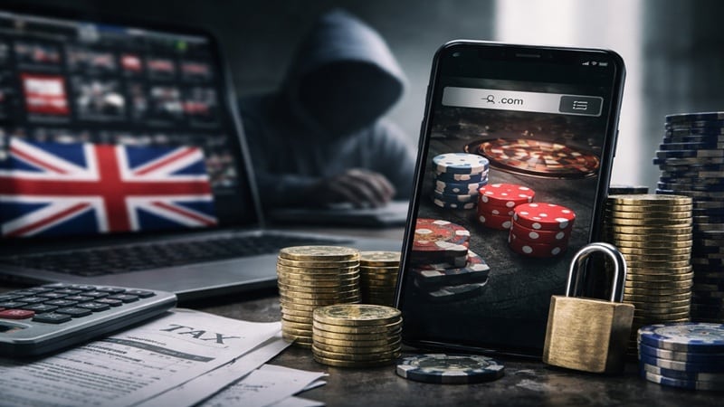 Smartphone showing online casino game with coins, padlock and UK flag illustrating gambling tax and black market regulation concerns
