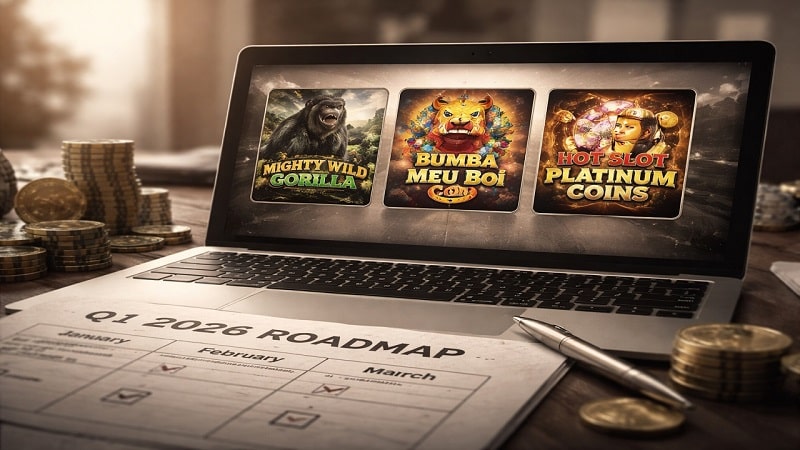 Laptop displaying Wazdan&rsquo;s upcoming Q1 2026 slot releases, including Mighty Wild Gorilla, Bumba Meu Boi Coin, and Hot Slot Platinum Coins 