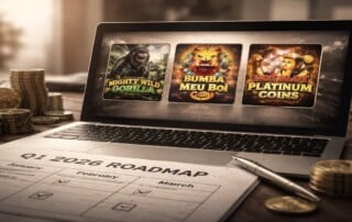 Laptop displaying Wazdan’s upcoming Q1 2026 slot releases, including Mighty Wild Gorilla, Bumba Meu Boi Coin, and Hot Slot Platinum Coins