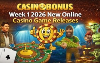 Week 1 2026 new online casino game releases featuring slot machines, roulette wheel, playing cards, casino chip mascot, and game characters from Pragmatic Play and Spinomenal
