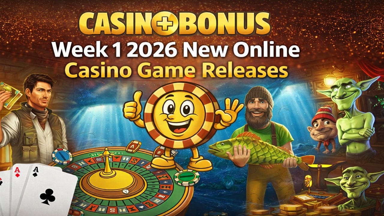Week 1 2026 new online casino game releases featuring slot machines, roulette wheel, playing cards, casino chip mascot, and game characters from Pragmatic Play and Spinomenal