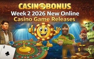 Week 2 January 2026 new online casino game releases featuring slot characters, roulette wheel, and Casino+Bonus branding with golden background