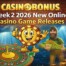 Week 2 January 2026 new online casino game releases featuring slot characters, roulette wheel, and Casino+Bonus branding with golden background