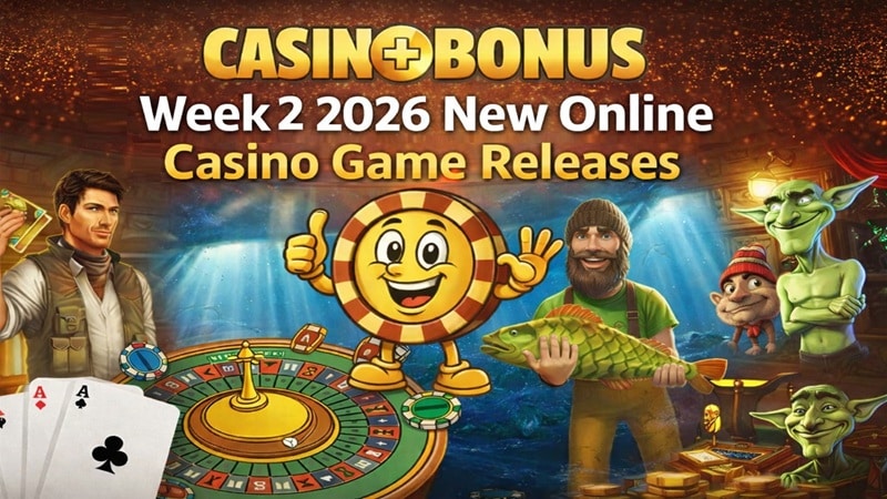 Week 2 January 2026 new online casino game releases featuring slot characters, roulette wheel, and Casino+Bonus branding with golden background