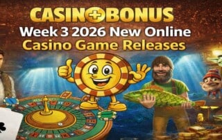 Week 3, January 2026 new online casino game releases featuring slot characters, roulette wheel, and Casino+Bonus branding with golden background