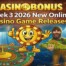 Week 3, January 2026 new online casino game releases featuring slot characters, roulette wheel, and Casino+Bonus branding with golden background