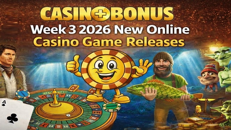 Week 3, January 2026 new online casino game releases featuring slot characters, roulette wheel, and Casino+Bonus branding with golden background