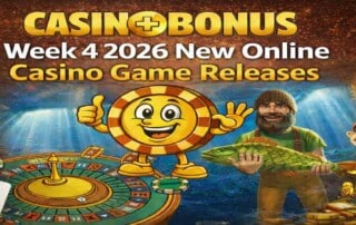 Week 4, January 2026 new online casino game releases featuring slot characters, roulette wheel, and Casino+Bonus branding with golden background
