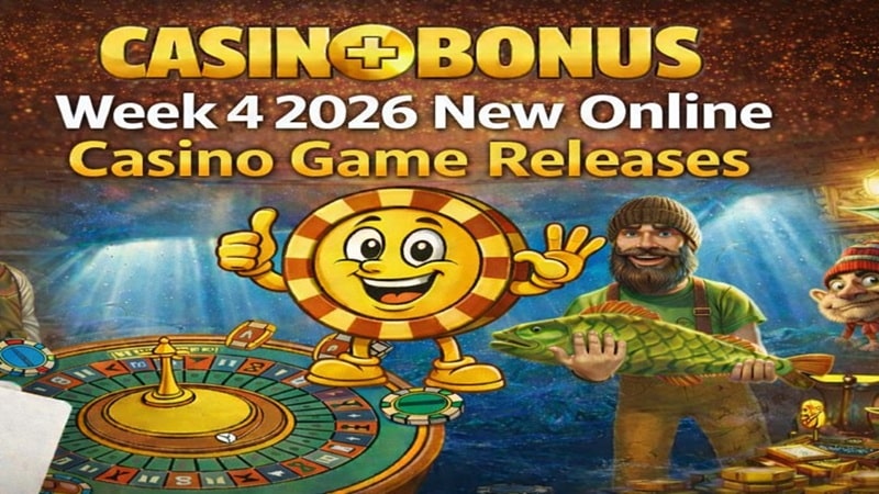 Week 4, January 2026 new online casino game releases featuring slot characters, roulette wheel, and Casino+Bonus branding with golden background