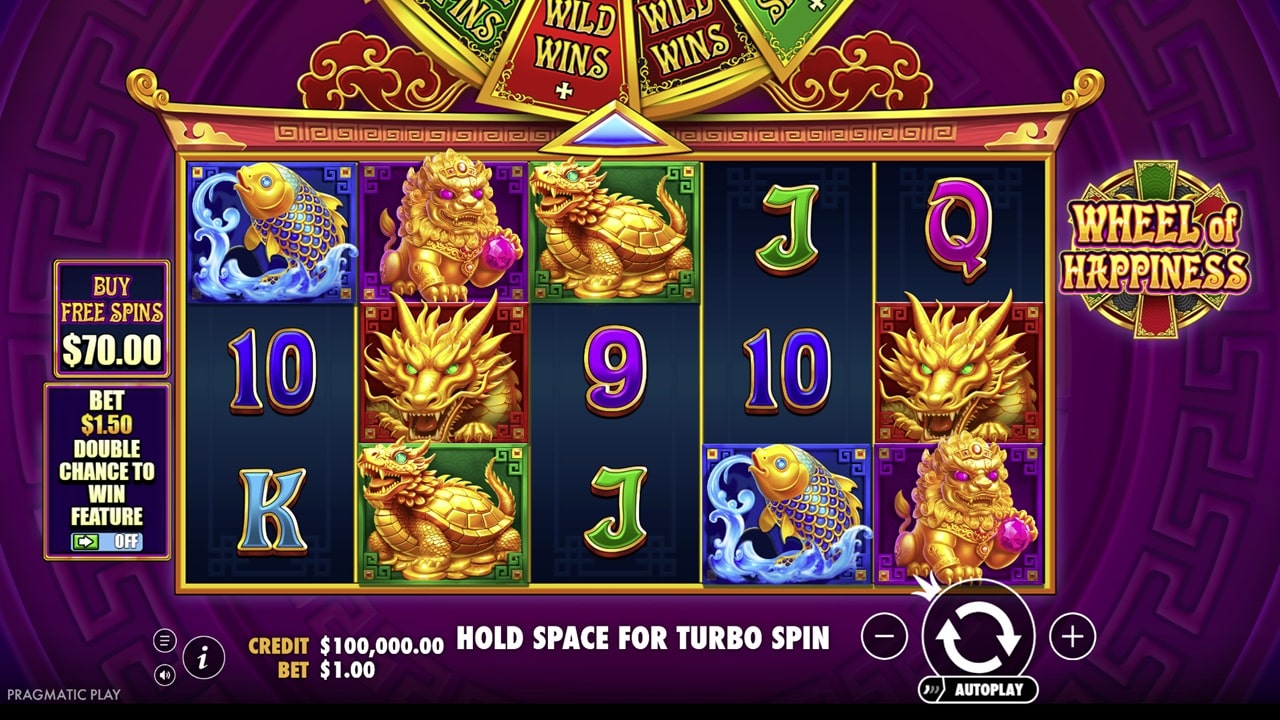 Wheel of Happiness slot game screenshot showing Asian-themed reels with golden dragons, koi fish symbols, wild wins feature and buy bonus option - Pragmatic Play