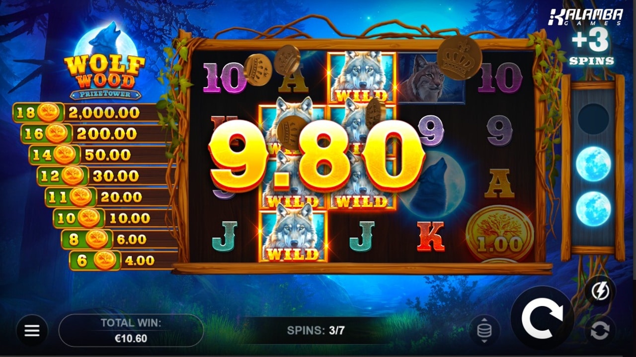 WolfWood PrizeTower slot game screenshot showing wild symbols, wolf-themed reels and prize tower paytable - Kalamba Games