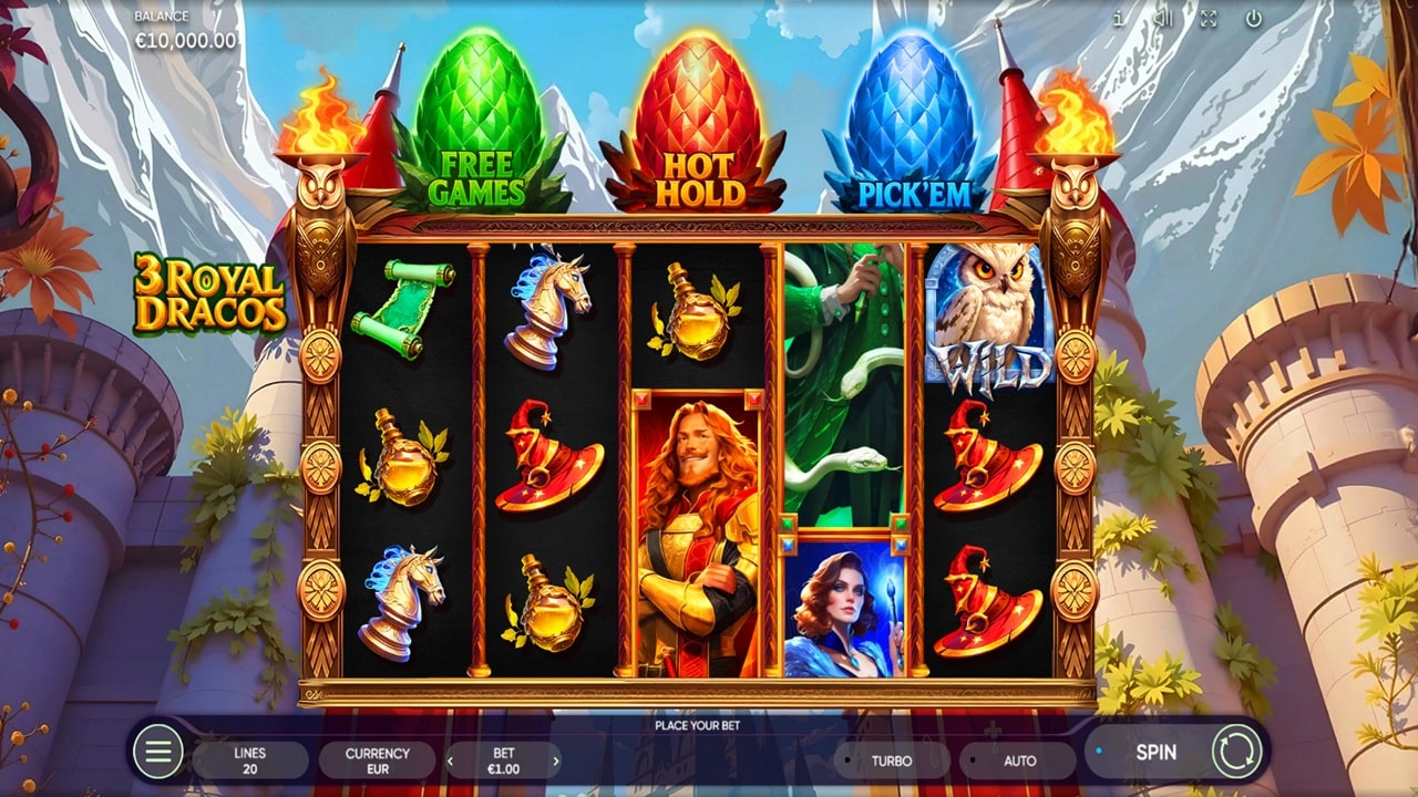 3 Royal Dracos slot game screenshot showing fantasy dragon theme with Free Games, Hot Hold and Pick'em bonus features, Wild symbols and ornate reels - Endorphina