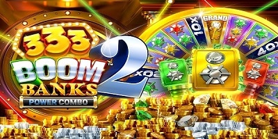 333 Boom Banks 2 Power Combo slot splash screen showing reels, vault symbols and jackpot wheel