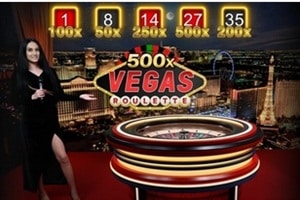 Vegas Roulette 500x live casino game featuring professional dealer, multiplier roulette wheel, and up to 500x payouts by Amusnet Live