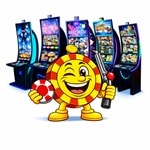 Casinoplusbonus mascot in front of slot machine cabinets.