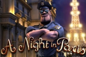 A Night in Paris slot game showing 3D animated reels with Parisian policeman character and Eiffel Tower backdrop - Betsoft
