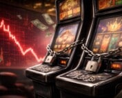 Slot machines wrapped in chains and padlocks with a declining stock chart and falling money in the background.