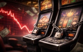 Slot machines wrapped in chains and padlocks with a declining stock chart and falling money in the background.