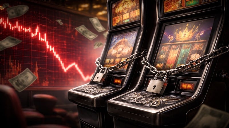 Slot machines wrapped in chains and padlocks with a declining stock chart and falling money in the background.