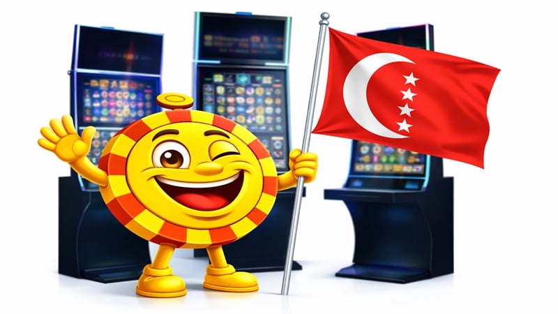 Casino chip mascot holding the Anjouan flag in front of slot machines