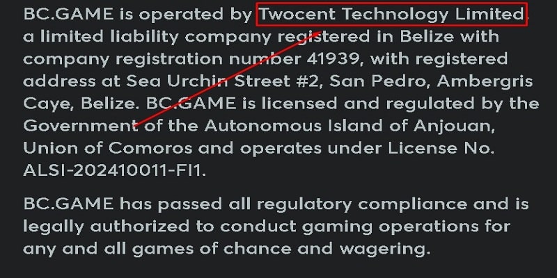 Online casino licence details showing Anjouan Gaming regulatory information in the website footer