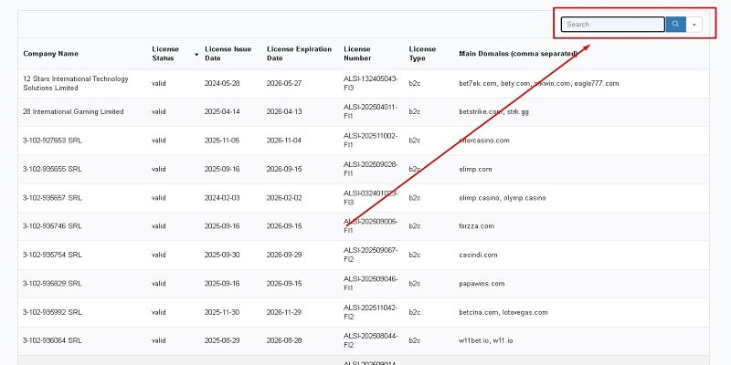 Anjouan Gaming licence registry showing company search results and licence status
