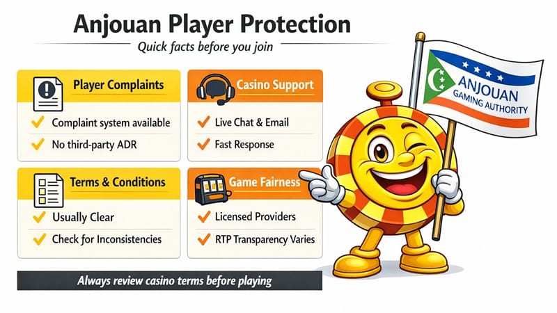 Anjouan Gaming player protection infographic summarising complaints, customer support, terms and conditions, and game fairness.