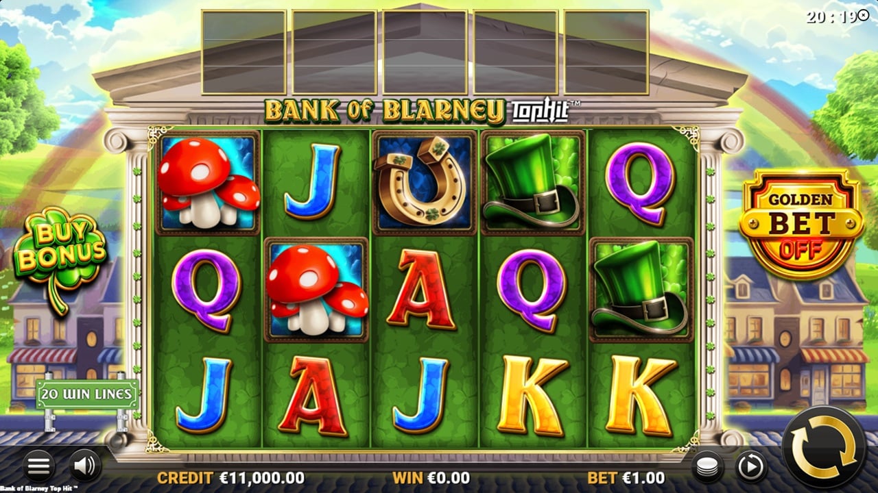 Bank of Blarney Top Hit slot game screenshot showing Irish-themed 5x3 reels with lucky symbols, Buy Bonus feature, and Golden Bet option - REflex Gaming