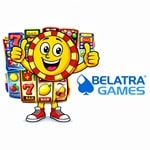 Belatra Games logo with casino chip mascot surrounded by colorful slot machine reels showing classic slot symbols