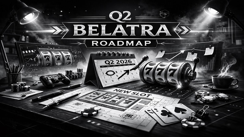Belatra Q2 roadmap black and white promotional image highlighting upcoming slot releases