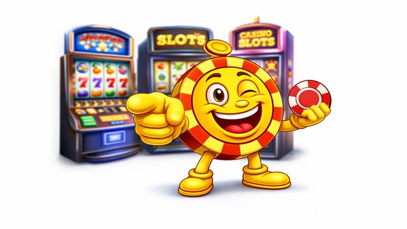 Cartoon casino chip character winking and holding poker chip with colorful slot machines displaying Jackpot and Slots signage in background
