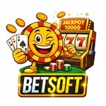 BetSoft casino mascot with poker cards, slot machine showing jackpot 10000, and casino chips - link to BetSoft software provider review