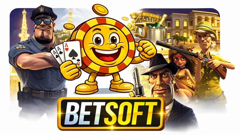 Betsoft Gaming casino slot characters including police officer, smiling coin mascot with playing cards, casino building, and adventure characters with Betsoft logo