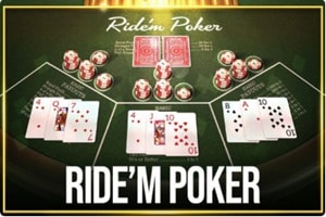 Betsoft Ride'M Poker table game showing three-hand poker layout with chips and cards