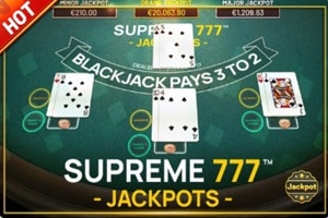 Betsoft Supreme 777 Blackjack table game showing dealer cards and jackpot feature