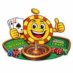 Casino table games image showing a mascot with blackjack, roulette and craps tables for Betsoft table games.