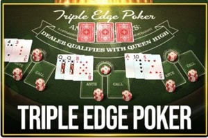 Betsoft Triple Edge Poker table game with dealer qualifies with queen high text and betting positions