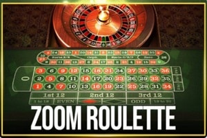 Betsoft Zoom Roulette table game showing roulette wheel and detailed betting layout