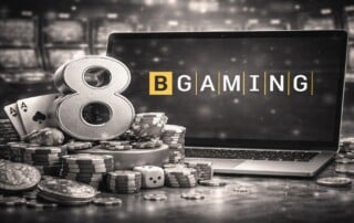 BGaming 8th anniversary celebration featuring the number 8, casino chips, playing cards, dice, and a laptop displaying the BGaming logo.